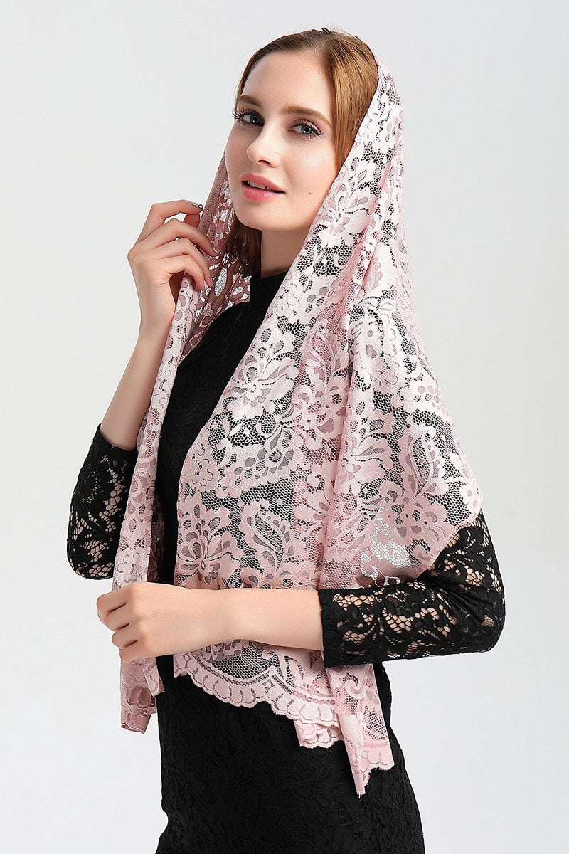 Leimandy Rectangular Lace Veil for Women Lace Scarf Catholic Orthodox Church Head Covering for Latin Mass Baptism Confirmation V25 (Dusty Pink) - Image 2